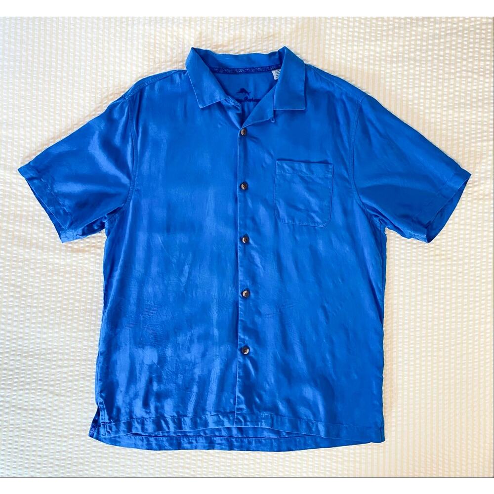 Tommy Bahama Mens Silk Camp Shirt Royal Blue Size L Hawaiian Pattern. READ